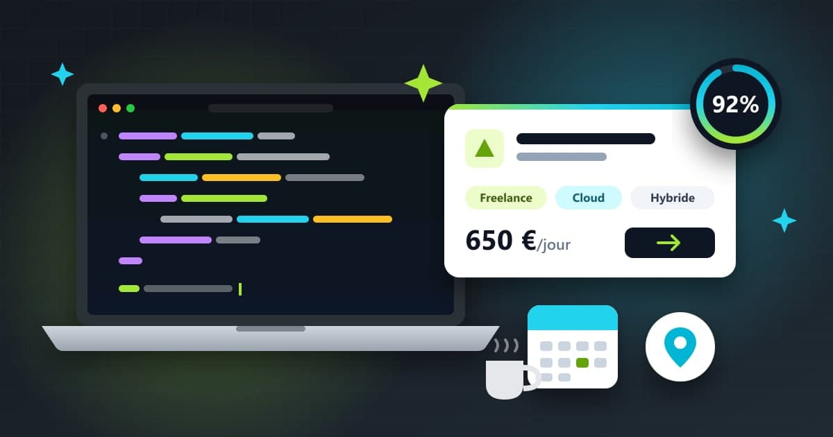 Ordinateur portable affichant du code, à côté d'une fiche de mission freelance à 650 € par jour avec un score de matching de 92 %